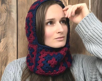 Crochet Alpaca Wool Balaclava - Navy Blue and Burgundy Red Granny Square Knit Hood - Custom Colors
