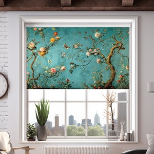 Turquoise Chinoiserie Roller Shade: Floral Botanical Window Blind