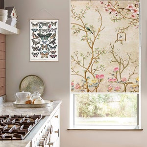 Cherry Blossom Window Roller Shades for Door, Chinoiserie Flowers and Birds Light Filtering Roller Shades Blackout, Printed Roller Shades