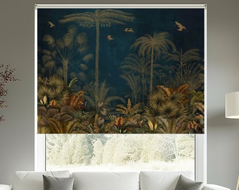 May include: A window blind with a dark blue background and a gold and green tropical jungle scene. The blind is partially raised, revealing a white background.