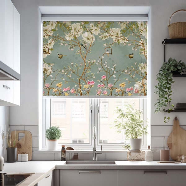 Vintage Chinoiserie Roller Blinds with Prints,  Custom Window Treatments for Kitchen , Birds  Personalized Shades for Door, Roller Curtains