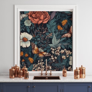 Botanical Secret Garden Window Shades for Kitchen, Custom Window Treatments, Linen Shades for Windows, Bathroom Window Blinds, Door Shades