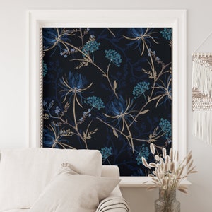 Dark Botanical Custom French Door Curtains,Navy Blue Blackout Window Treatments Panels, Window Roller Shades for Door, Linen Shades