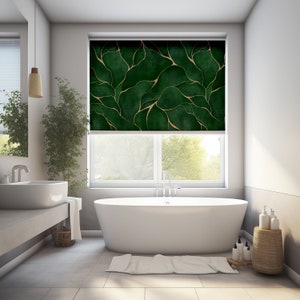 Dark Green Marble Personalized Shades for French Doors, Custom Window Treatments Panels,Watercolor Printed Roller Shades Blackout Blinds