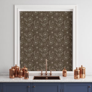 Brown Floral Blackout Custom Window Treatments Panels,  Cordless Roller Shades , French Door Personalized Shades Cool, Picture Window Blinds
