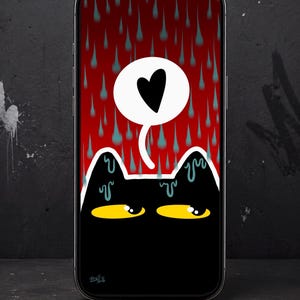 Può includere: Uno smartphone che mostra un'illustrazione digitale di un gatto nero con occhi gialli sotto un cielo rosso con gocce di pioggia blu. Un fumetto bianco contenente un cuore nero si estende sopra la testa del gatto.