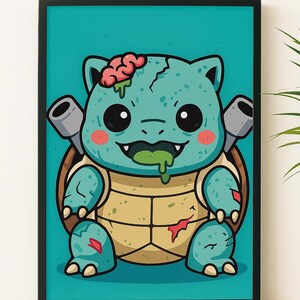 May include: A framed cartoon illustration of a zombie turtle with a teal body, a tan shell, and a pink brain. The turtle has a green substance coming from its mouth and is holding two gray weapons.