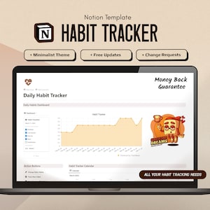 May include: A laptop displays a Notion habit tracker template. The screen shows a daily habit tracker dashboard with a graph and action buttons. Text includes "HABIT TRACKER", "Minimalist Theme", and "Money Back Guarantee". A cartoon character with a coffee cup is also visible.