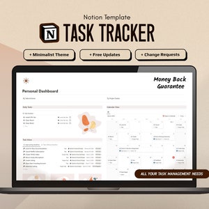 Könnte beinhalten: Ein Laptop-Computer, auf dem eine Notion-Vorlage für einen Aufgaben-Tracker angezeigt wird. Die Vorlage bietet ein minimalistisches Design, kostenlose Updates und Änderungsanfragen. Der Bildschirm zeigt ein persönliches Dashboard mit täglichen Aufgaben, einem Aufgabenindex und einer Kalenderansicht. Der Text "Geld-zurück-Garantie" und "ALLE IHRE BEDÜRFNISSE FÜR DAS AUFGABENMANAGEMENT" ist ebenfalls auf dem Bildschirm zu sehen.