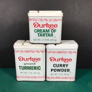 Durkee 3 Lot | Vintage Spice Tin Lot | Ground Turmeric - Curry Powder - Cream Of Tartar | Empty