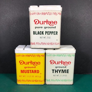 Durkee 3 Lot | Vintage Spice Tin Lot | Ground Thyme - Ground Black Pepper - Ground Mustard | Empty
