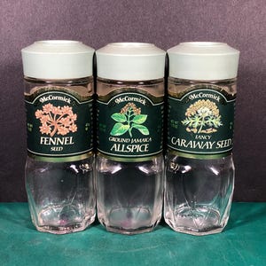 McCormick 3 Lot | Vintage Spice Jar Lot | Caraway Seed - Fennel Seed - Ground Allspice | Glass | Empty