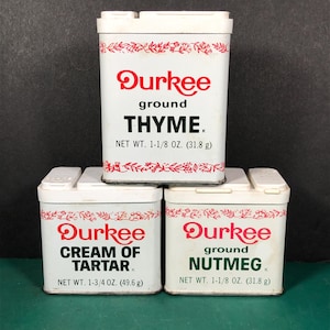Durkee 3 Lot | Vintage Spice Tin Lot | Ground Thyme - Ground Nutmeg - Cream Of Tartar | Empty