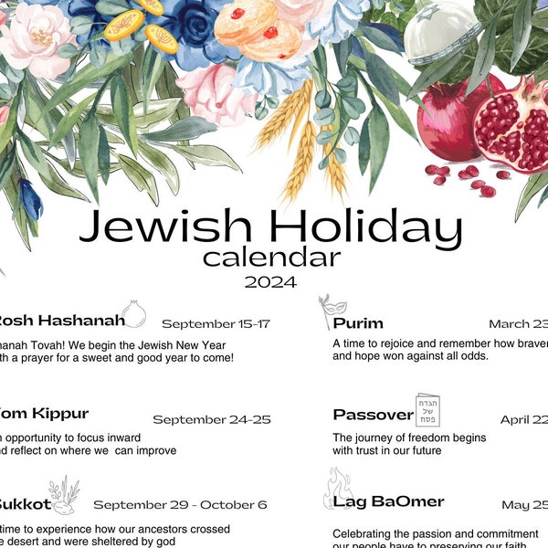 Jewish Holiday Calendar 2024 | Hebrew Calendar | Chanukah  | Hanukkah Gift -Jewish prints gift, judaica prints, rosh hashanah gifts