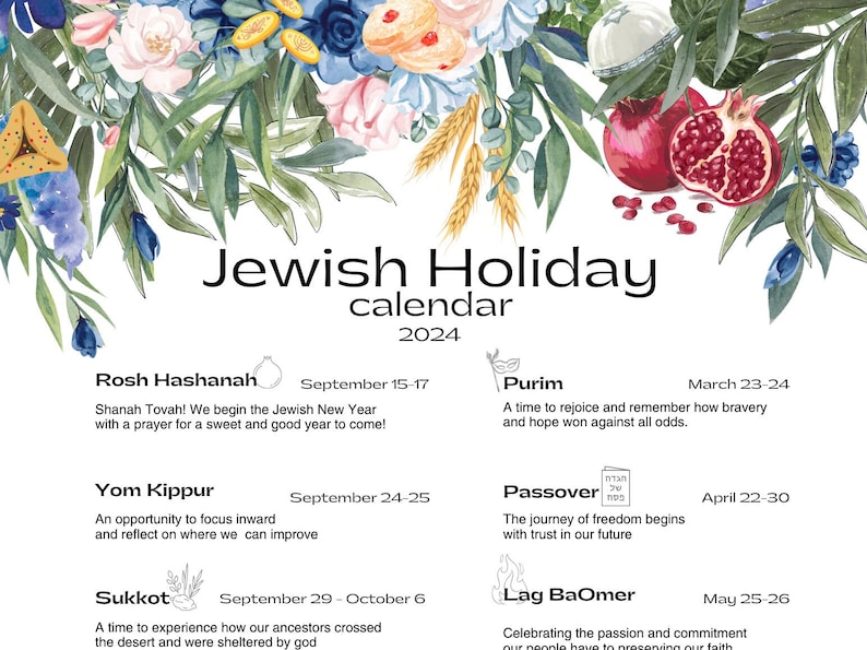 Jewish Holiday Calendar 2024 Hebrew Calendar Chanukah Hanukkah Gift