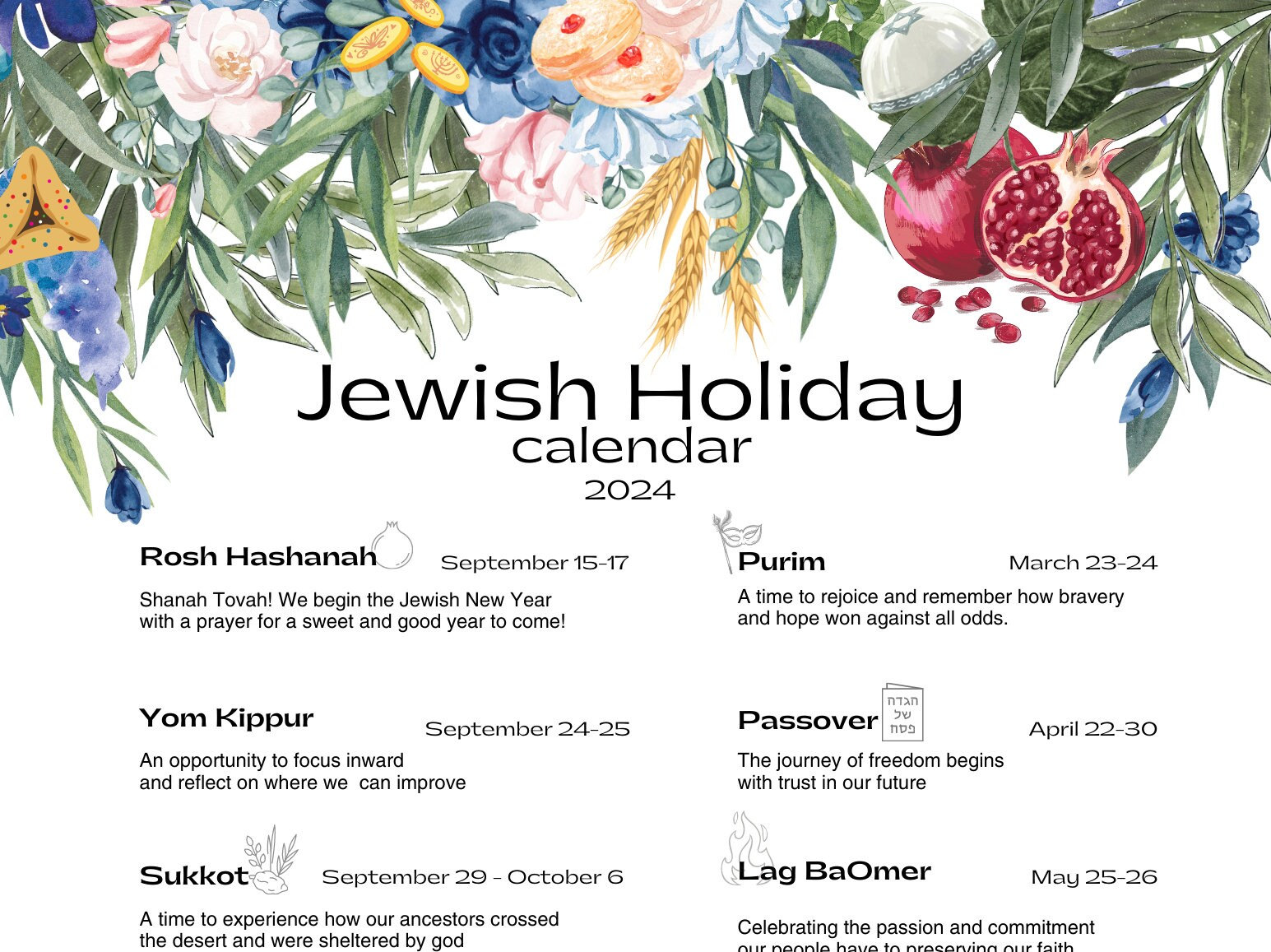 Jewish Holiday Calendar 2024 Hebrew Calendar Chanukah Hanukkah Gift