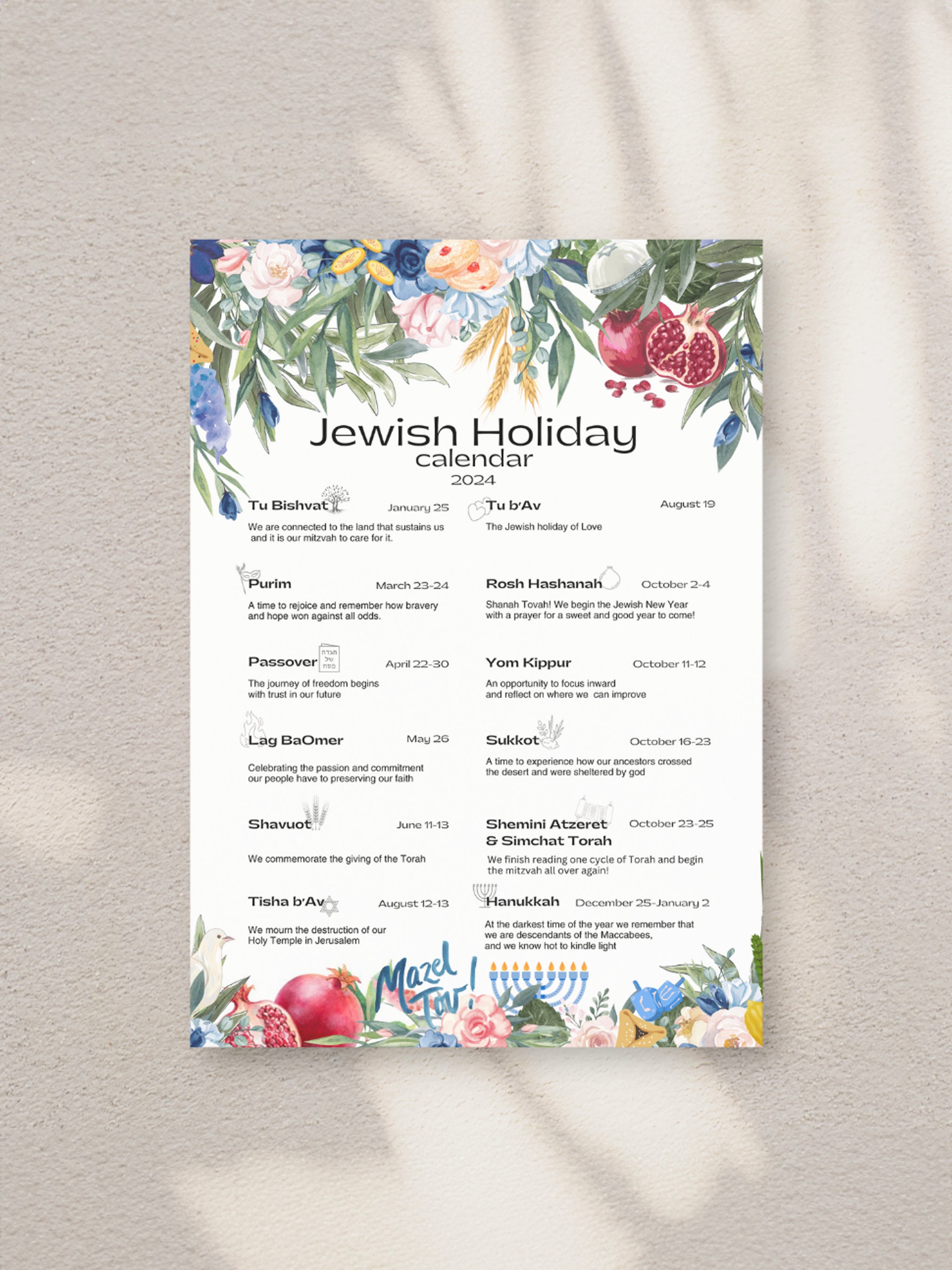 Jewish Holiday Calendar 2024 Hebrew Calendar Chanukah Hanukkah Gift