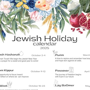 Calendario de festividades judías 2025 / Calendario hebreo / Regalos de Rosh Hashaná / Regalos de impresiones judías, impresiones judaicas / Calendario judío imprimible 5785