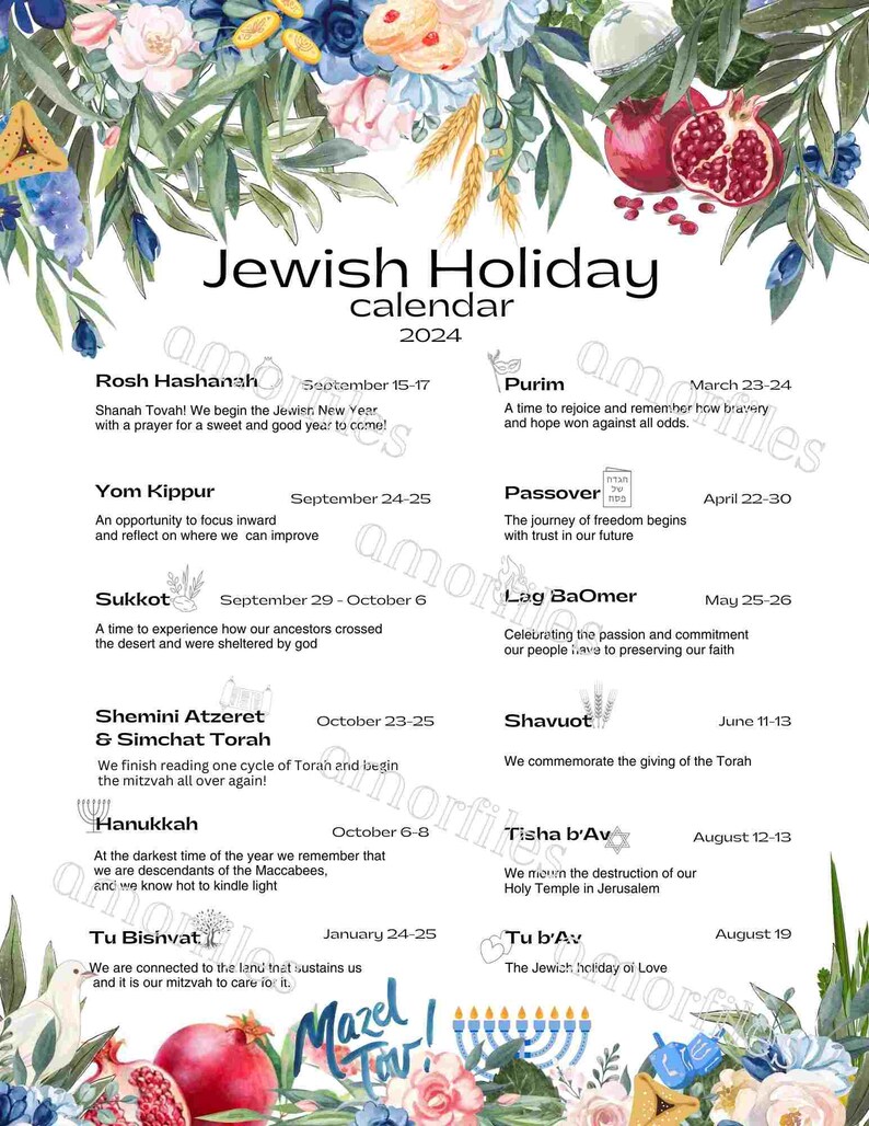 Jewish Holiday Calendar 2024 Hebrew Calendar Chanukah Hanukkah Gift