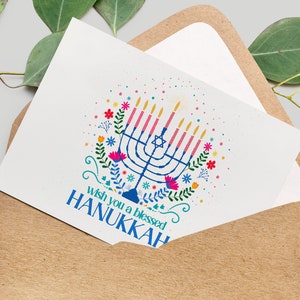Carte imprimable Happy Hanukkah, voeux de vacances juives, cadeau de Hanoucca, chandelier de Hanoucca et étoile de David, téléchargement immédiat PDF