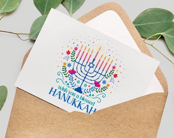 Happy Hanukkah Card, Jewish Holiday, Candlestick & Star of David (Instant Download PDF)