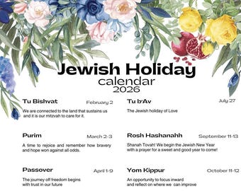 Jewish Holiday Calendar 2026 | Hebrew Year 5786-5784 (Digital Download)