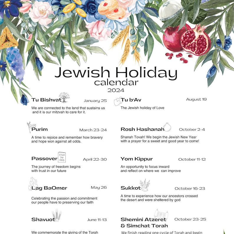 Jewish Holiday Calendar 2024 Hebrew Calendar hanukkah Etsy UK