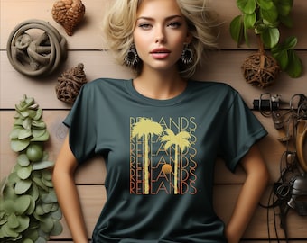 Redlands Gifts | Redlands Souvenir | Redlands California | Graphic Unisex T-Shirt | Palm Trees & Sun Design | Unisex Heavy Cotton Tee