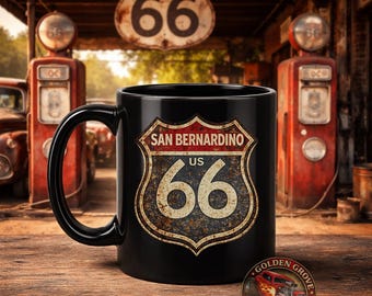 Taza de la Ruta 66 de San Bernardino / Taza de café histórica de la Ruta 66 / Regalo para viajeros por carretera en California / Recuerdo vintage de la Carretera 66 / Regalo para camioneros