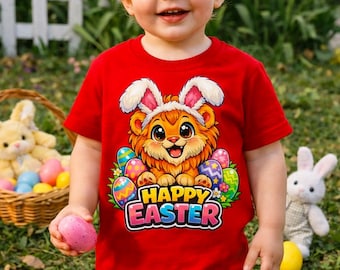 Camiseta infantil de Feliz Pascua / Camiseta infantil de conejito y león / Camiseta para la búsqueda de huevos de Pascua / Conjunto de Pascua para bebé / Regalo de primavera / Top de Pascua