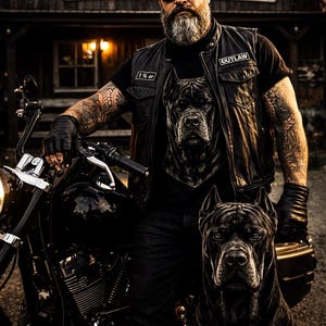 Könnte beinhalten: Ein schwarzes T-Shirt mit einem Grafikdruck eines Cane Corso Hundes, getragen unter einer schwarzen Lederweste mit Aufnähern mit der Aufschrift 1% er und OUTLAW. Dazu schwarze Jeans, schwarze Lederhandschuhe und eine Sonnenbrille neben einem Motorrad.