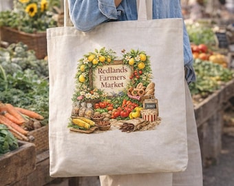 Bolsa de tela del mercado de agricultores de Redlands / Bolsa de lona del mercado de cítricos / Bolsa de compras de 38 x 40 cm / Regalo local de California / Bolsa reutilizable para amantes de los productos agrícolas