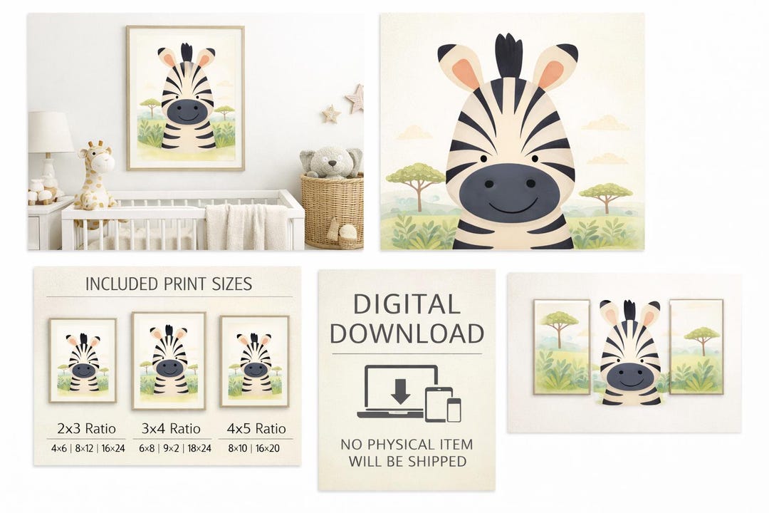 Zebra Nursery Wall Art Printable | Safari Animal Baby Decor | Neutral ...