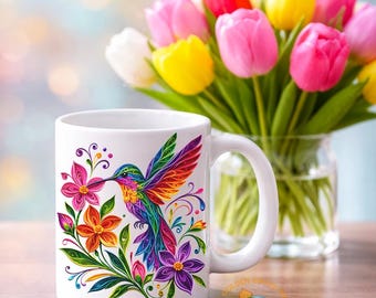Taza con colibrí y flores / Taza de café con pájaros coloridos / Regalo para amantes de la naturaleza / Taza con flores de primavera / Regalo para mamá / Taza con diseño artístico brillante / Día de la Madre