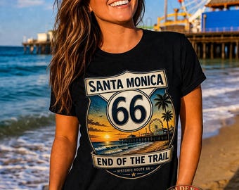 Camiseta Ruta 66 Santa Mónica / Camiseta Fin del Camino / Gráfico Vintage Atardecer en la Playa / Camiseta de Viaje por Carretera / Regalo de California / Camiseta Unisex
