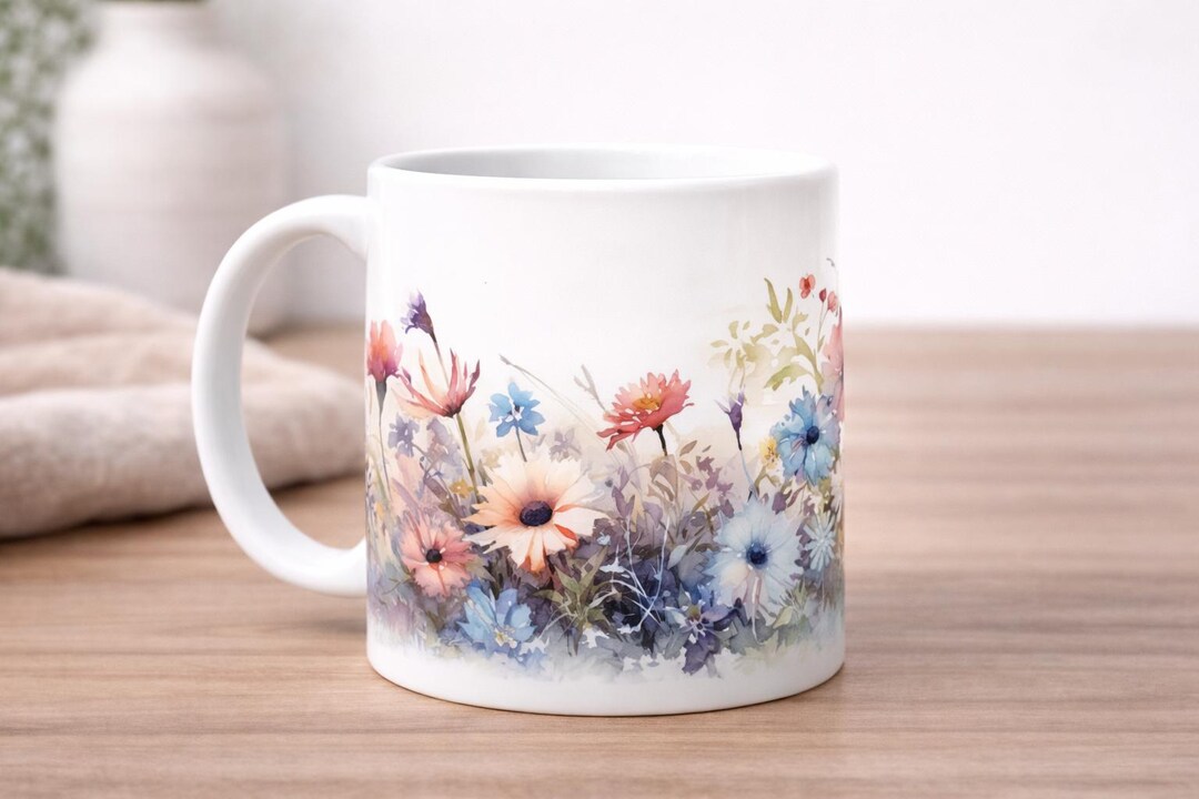 Soft Wildflower Mug | Watercolor Floral Wrap Mug | Pastel Botanical ...