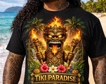 Camiseta Tiki Paradise / Camiseta hawaiana con estampado Tiki en llamas / Camiseta tropical para fiesta en la playa Luau / Camiseta unisex Gildan 5000 / Camiseta hawaiana