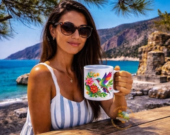 Taza con colibrí y flores / Taza de café con pájaros coloridos / Taza con mariposa y flores / Regalo para amantes de la naturaleza / Taza de primavera / Regalo para mamá / Día de la Madre