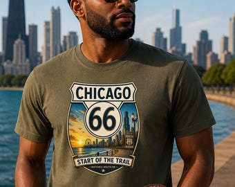 Camiseta de la Ruta 66 de Chicago / Camiseta "Inicio del Sendero" / Camiseta vintage de Illinois / Camiseta para viajes por carretera / Regalo de viaje para él / Regalo para el Día del Padre