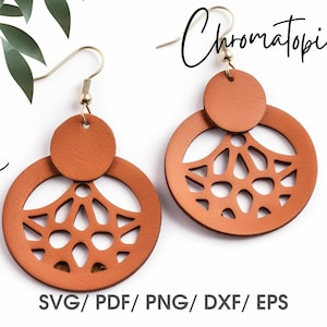May include: A pair of brown leather earrings with a geometric cutout design. The earrings are on a white background and the word "Chromatopía" is written in black cursive above the earrings.