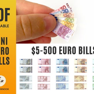 Miniatur Geld Euro-Scheine Druckbare PDF Datei für Puppenhaus Miniatur 1:6 A4 Format DIGITAL DOWNLOAD