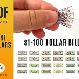 ミニチュア マネー USD ドル紙幣 印刷可能な PDF ファイル ドールハウス ミニチュア 1:6 A4 フォーマット デジタル ダウンロード