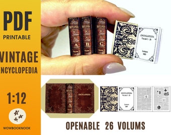 Encyclopédie vintage Mini livres, 26 volumes, pages qui peuvent être ouvertes, miniature à imprimer pour maison de poupée, téléchargement immédiat