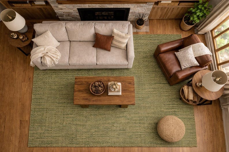 Green Toned Jute Rug: Hand-Woven Eco-Friendly Boho Decor- Chick Rustic Farmhouse Vintage Inspired decor image 3
