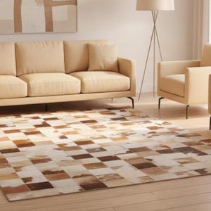 Modern Checkerboard Blocks Patchwork Danny Handmade Leather Brown Rug For Bedroom