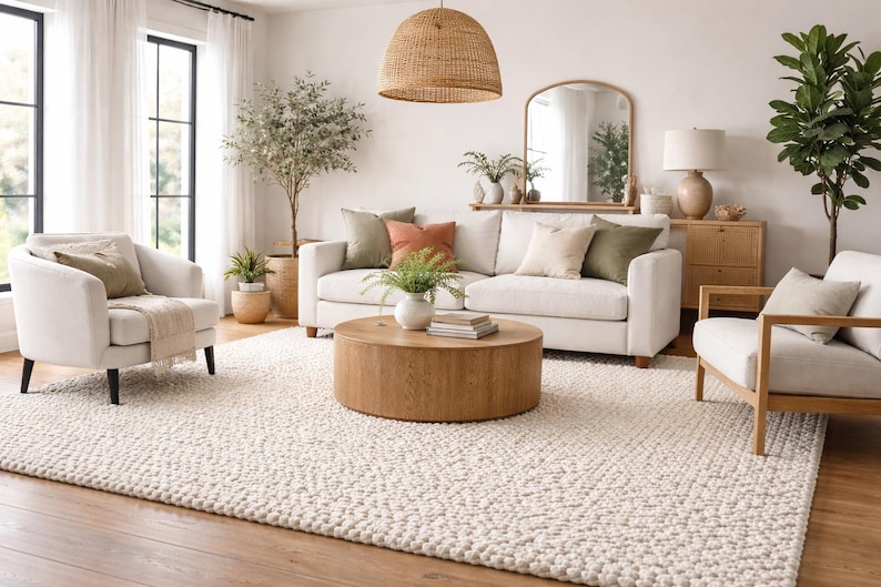 May include: A bright, airy living room with a white sofa, two armchairs, and a round wooden coffee table. The room features a large, textured rug, a woven pendant light, and decorative plants. The color palette is neutral with pops of green and orange.