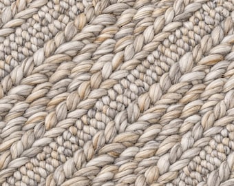 Handwoven Chunky Wool Rug: Braided Beige & Grey, Boho Farmhouse Style