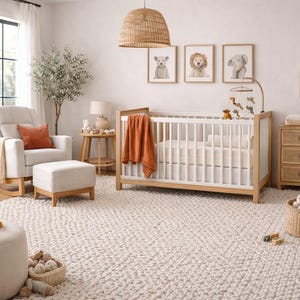 May include: A nursery with a white crib, a rocking chair, and a woven rug. The room is decorated with animal art prints, a wooden dresser, and a woven pendant light. A mobile hangs over the crib.