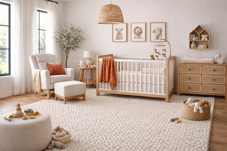 May include: A nursery with a white crib, a rocking chair, and a woven rug. The room is decorated with animal art prints, a wooden dresser, and a woven pendant light. A mobile hangs over the crib.