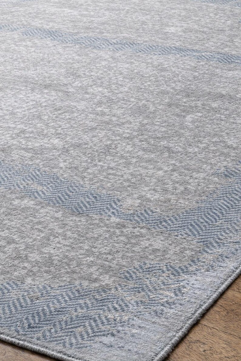 May include: A gray area rug with a blue geometric border. The rug has a textured appearance and a subtle pattern throughout the gray field. The blue border features a repeating chevron design, adding visual interest to the rug's edge.